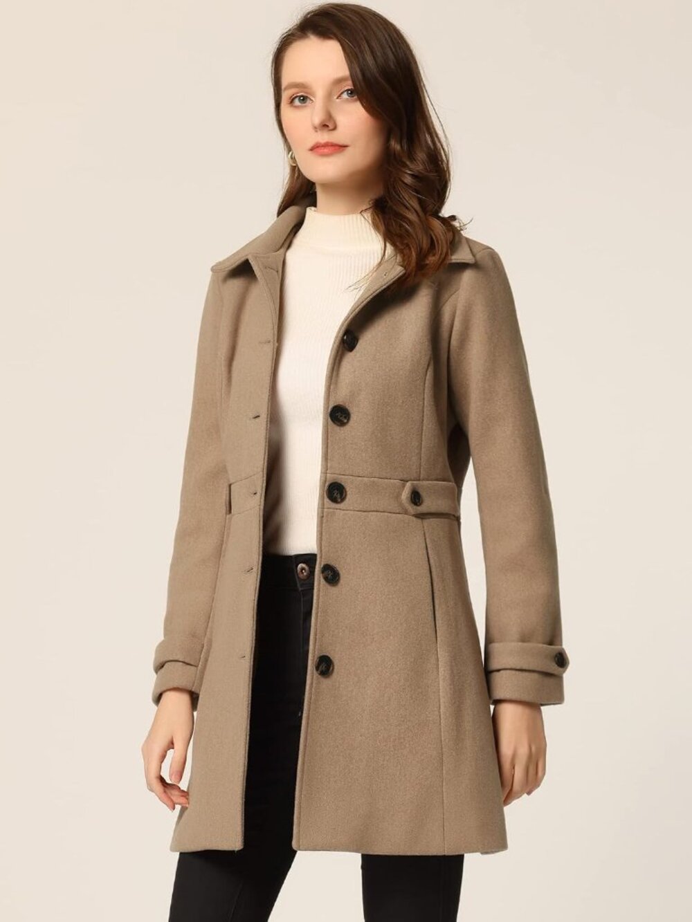 Women's Brown 100% Polyester Single Breasted Fully Lined Mid-Length Pea Coat - Picture 2 of 5